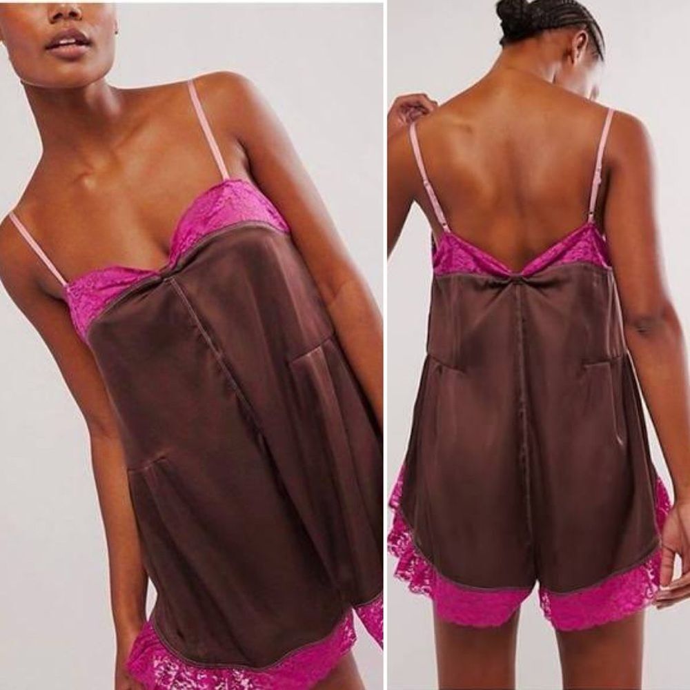 Intimately Free People First Date Lace Trim Romper Brown Pink S